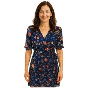 Lumiere Blue Floral V-Neck Wrap Around Dress Size S